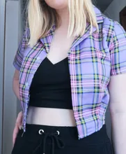 Crop Shirt Button-Up Summer Blouse Ladies Tops Streetwear Plaid Vintage Elegant Women