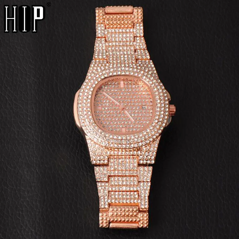 

Hip Hop Mens Gold Watches Luxury Date Quartz Wrist Watches With Micropave CZ Stainless Steel Watch For Women Men Jewelry