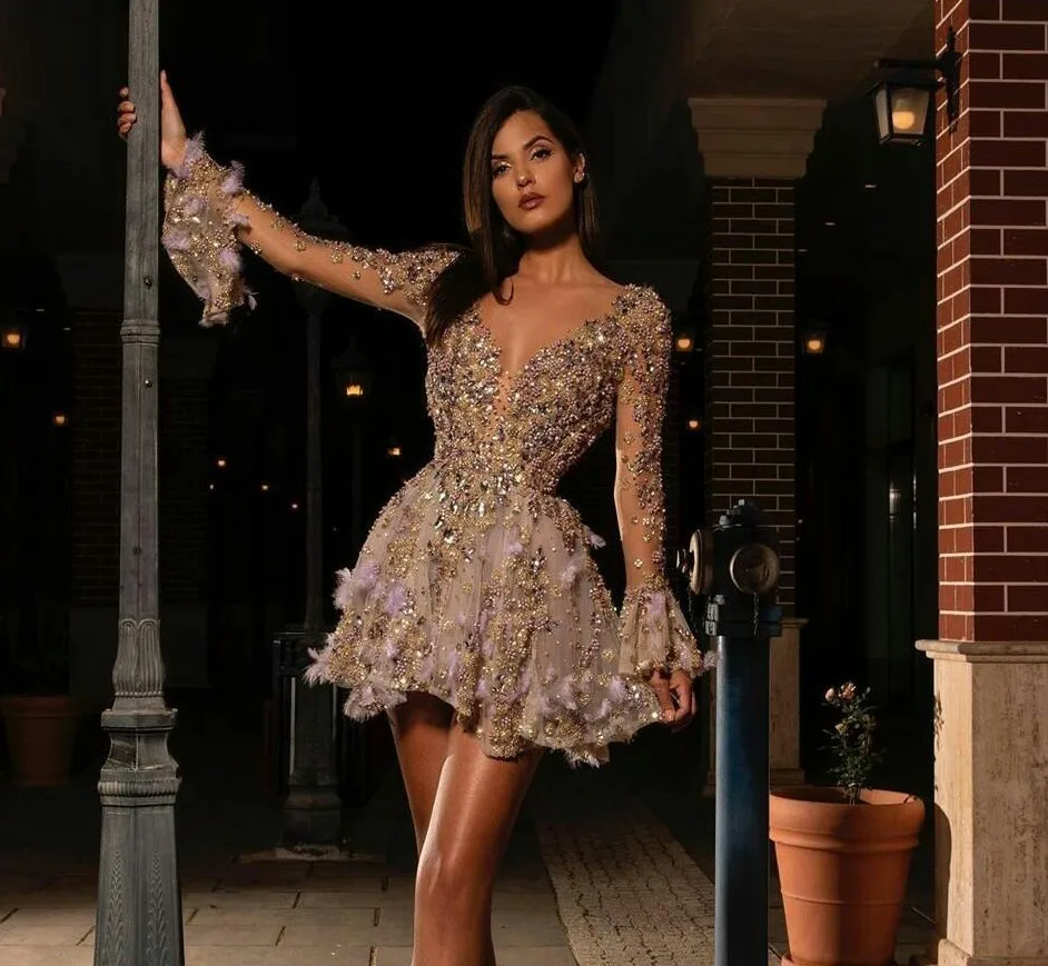 long sleeve prom dresses Long Sleeve 2020 Cocktail Dresses Sexy Short Deep V Neck Flowers Beads Prom Dress See Through Crystal Mini Evening Gowns mini prom & dance dresses