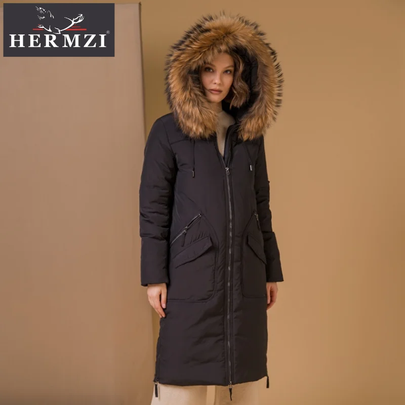 Hermzi Женская утепленная куртка из синтепона с капюшоном и натуральным мехом