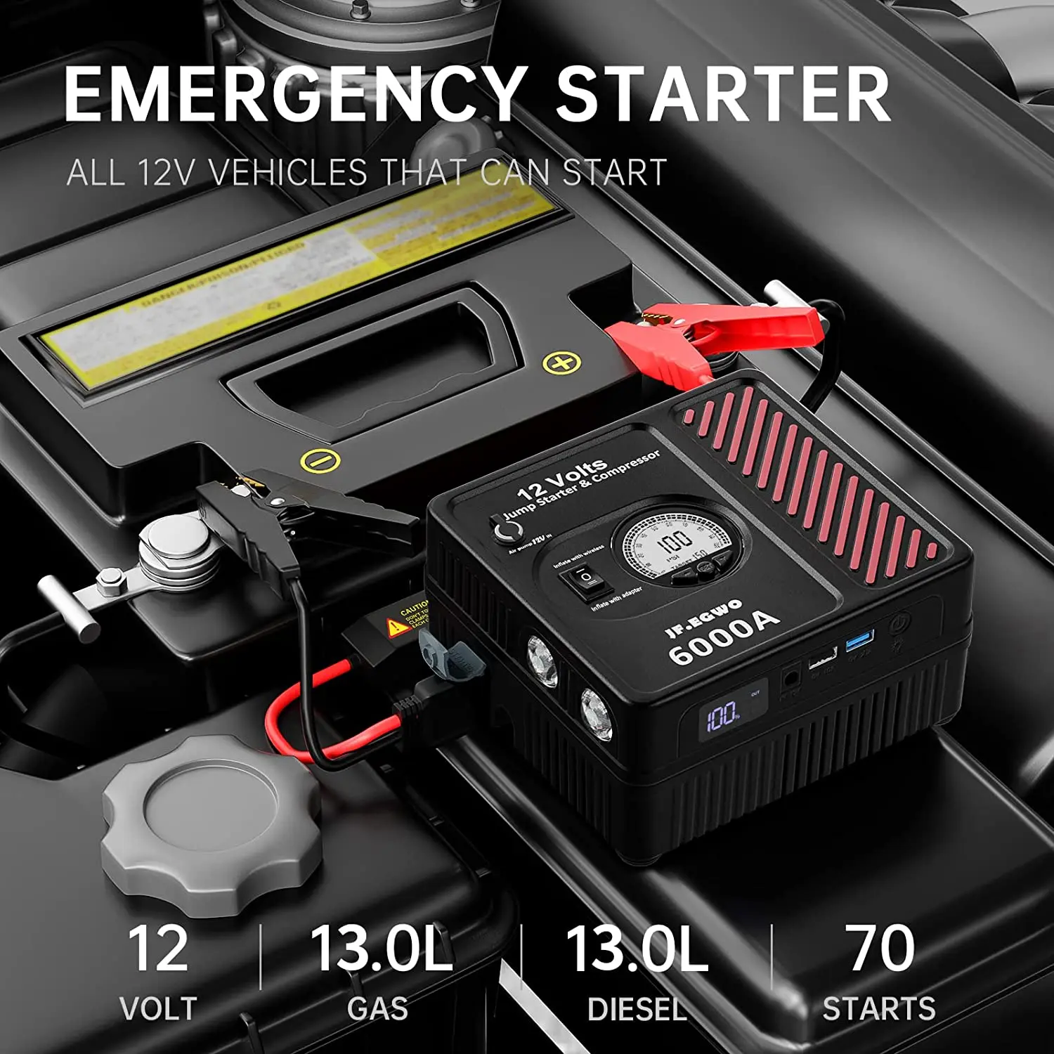 Car Jump Starter Jump Starter Car Battery Charger Portable Battery Charger JF.EGWO 6000A Car Jump Starter Tire Inflator 150PSI Air Compressor Starting Device Battery Power Bank Charger For 12V