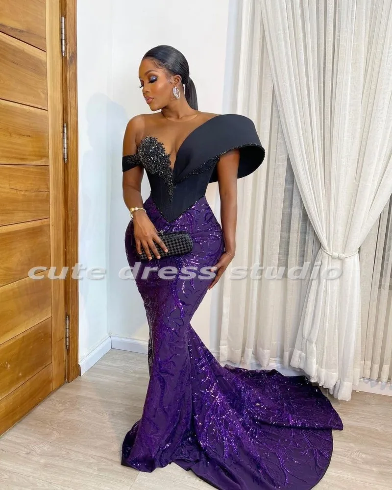 Elegant Purple Evening Dresses Sheer Neck Sequin Applique Beading Aso Ebi Mermaid Prom Gowns 2025 Wedding Party Dress Customized