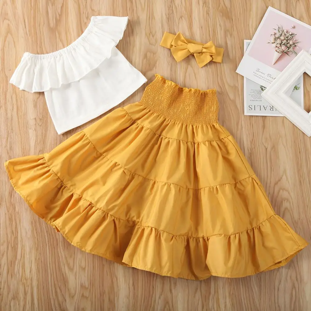 Summer Baby Kids Girl Top Quality Outfits Off Shoulder Solid Color Ruffle Tank Top Long Flare Dress 3Pcs Set Fashion New Clothes