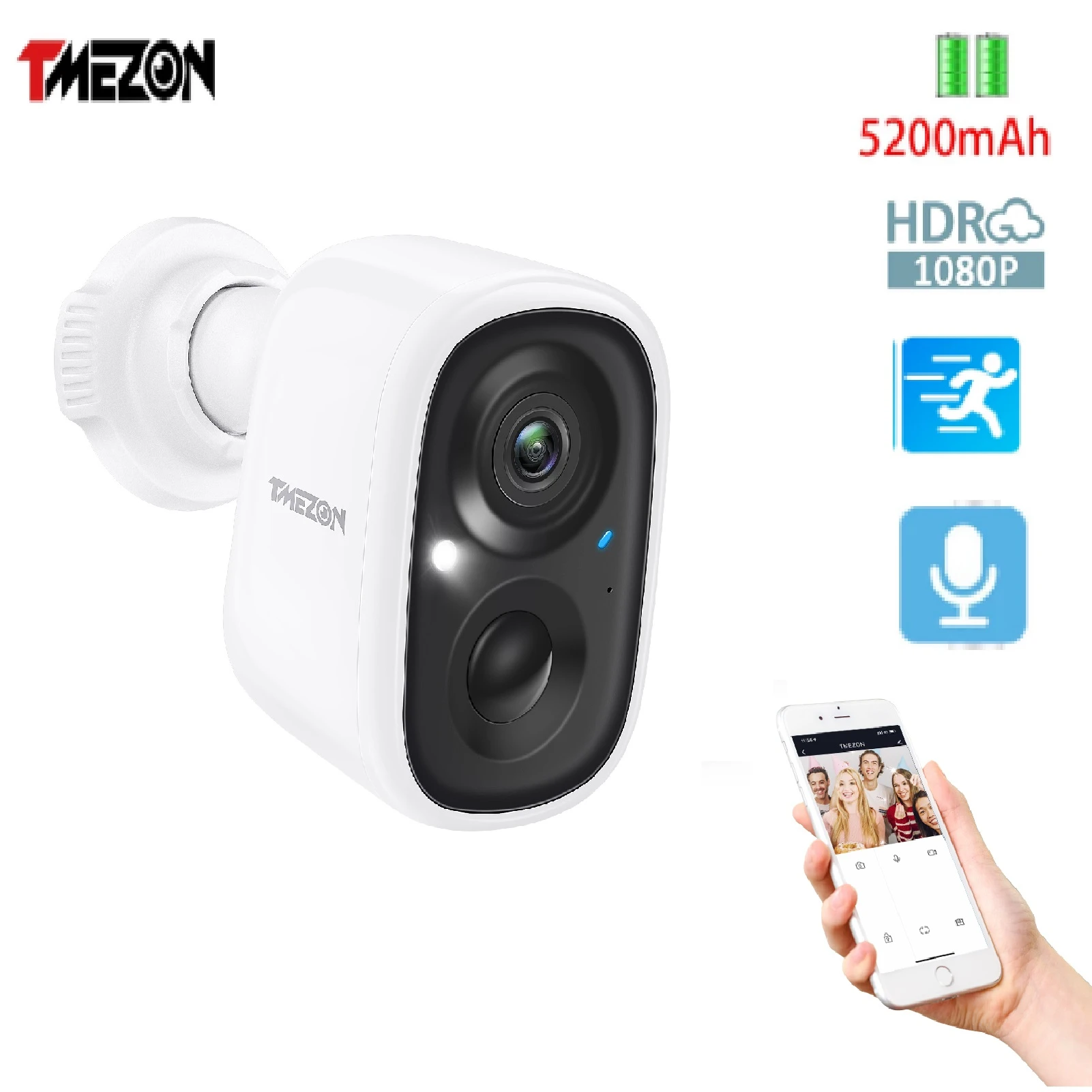 Tmezon Battery Camera 1080p Wifi Rechargeable Outdoor Indoor Twoway Audio Ip65 Weatherproof