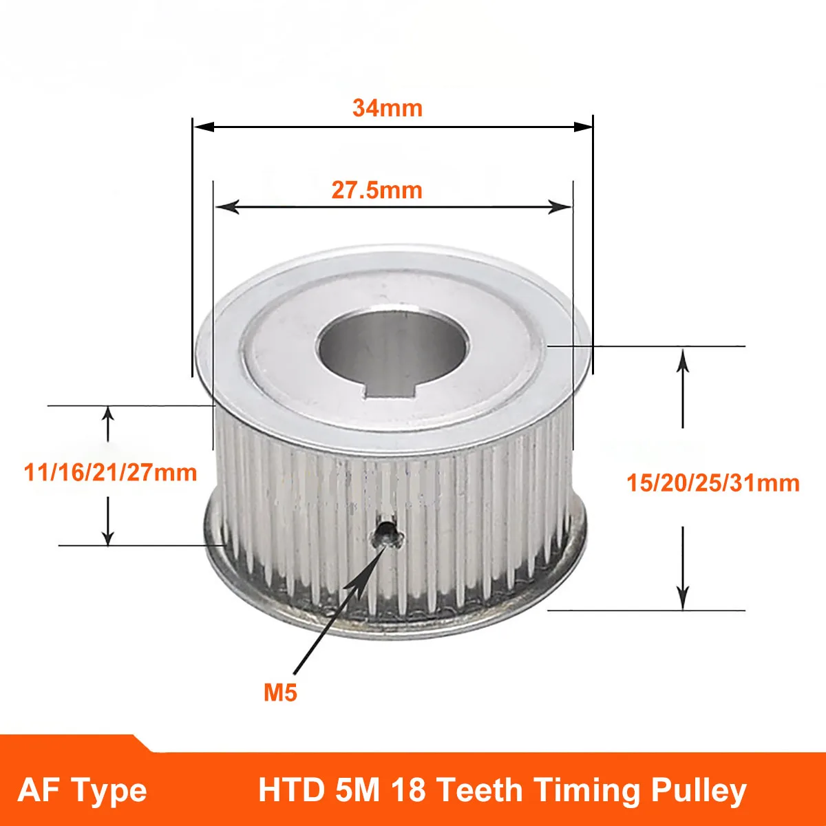 

HTD 5M 18 Teeth Timing Pulley Synchronus Wheel AF Keyway Bore Aluminium Idler Pulley Tooth Width 11 16 21 27mm