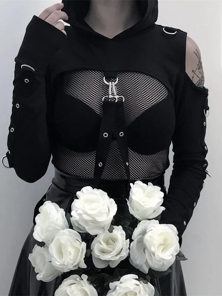 black sweatshirt InstaHot Black Cold Shoulder Hooded Hoodies Women Gothic Sexy Autumn Long Sleeve Crop Tops Lady Cool Chain Fashion Clothes Loose teddy bear hoodie