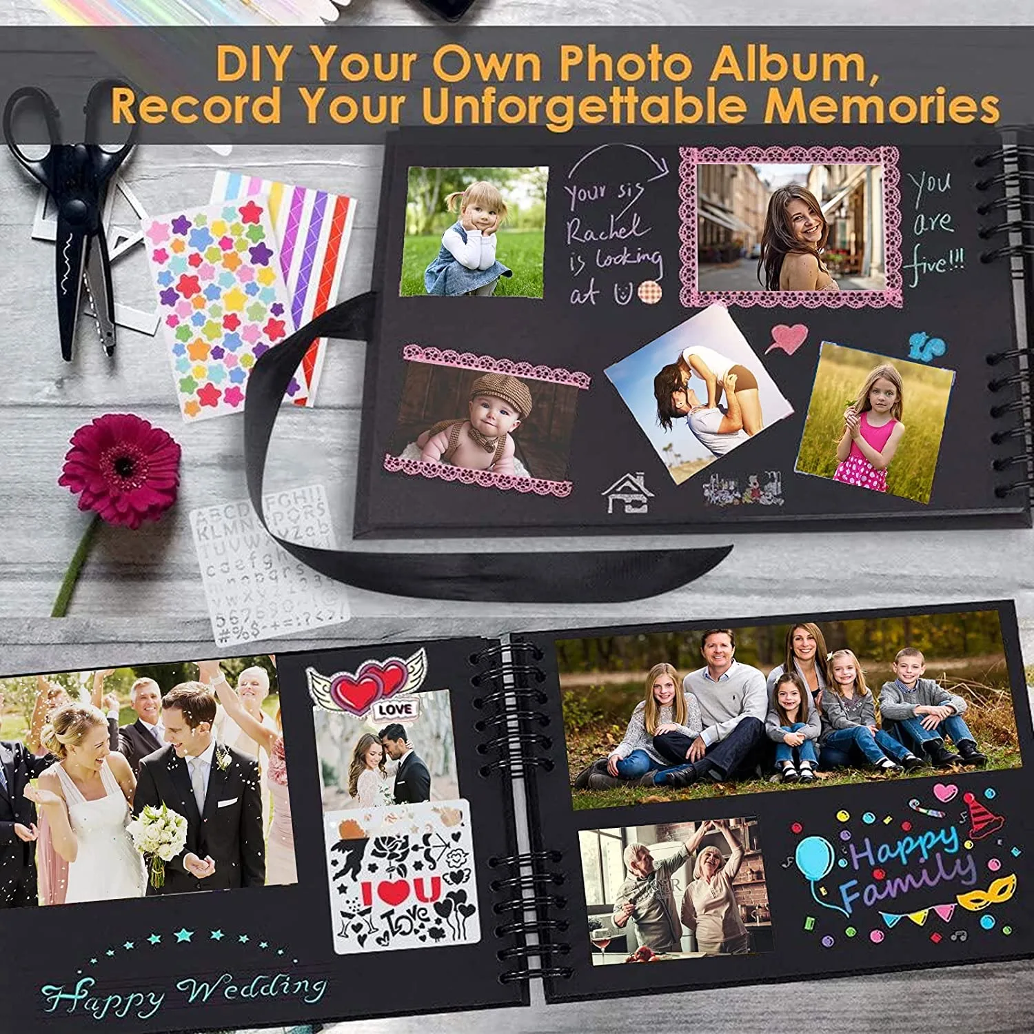 Spiral Scrapbook Photo Album, 80 Black Pages DIY