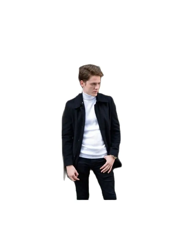Men's Black Cachet Coat 2021 Autumn Winter Season Removable Fur Collar Slim Fit Regular Hidden Button Casual PocketWarmOuterwear