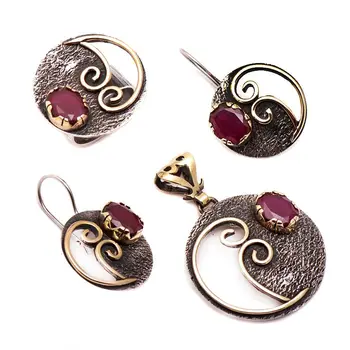 

Root with Ruby Stone Hammer Forged Handcrafted Silver Set 937Hand Made Silver Jewellery Set