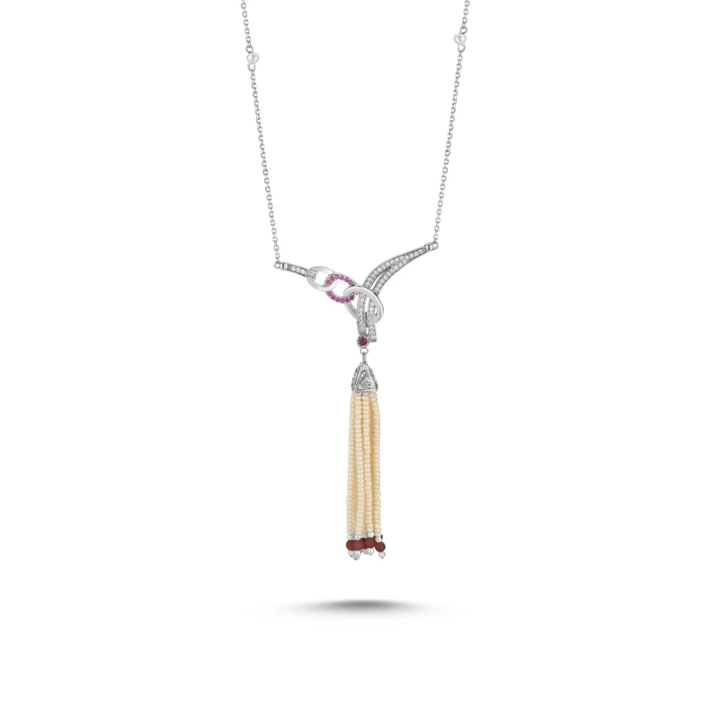 

Armagano Majorca Pearl and Stem Ruby Tassels Zircon Cubic Zirconia Necklace