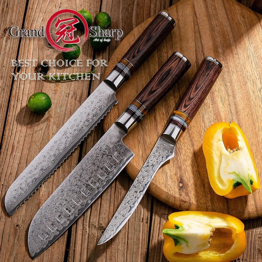 Дамаск Кухня ножей vg10 японской дамасской Сталь Santoku хлеб нож-топорик 3 шт набор ножей для повара инструменты для домашнего приготовления Сталь
