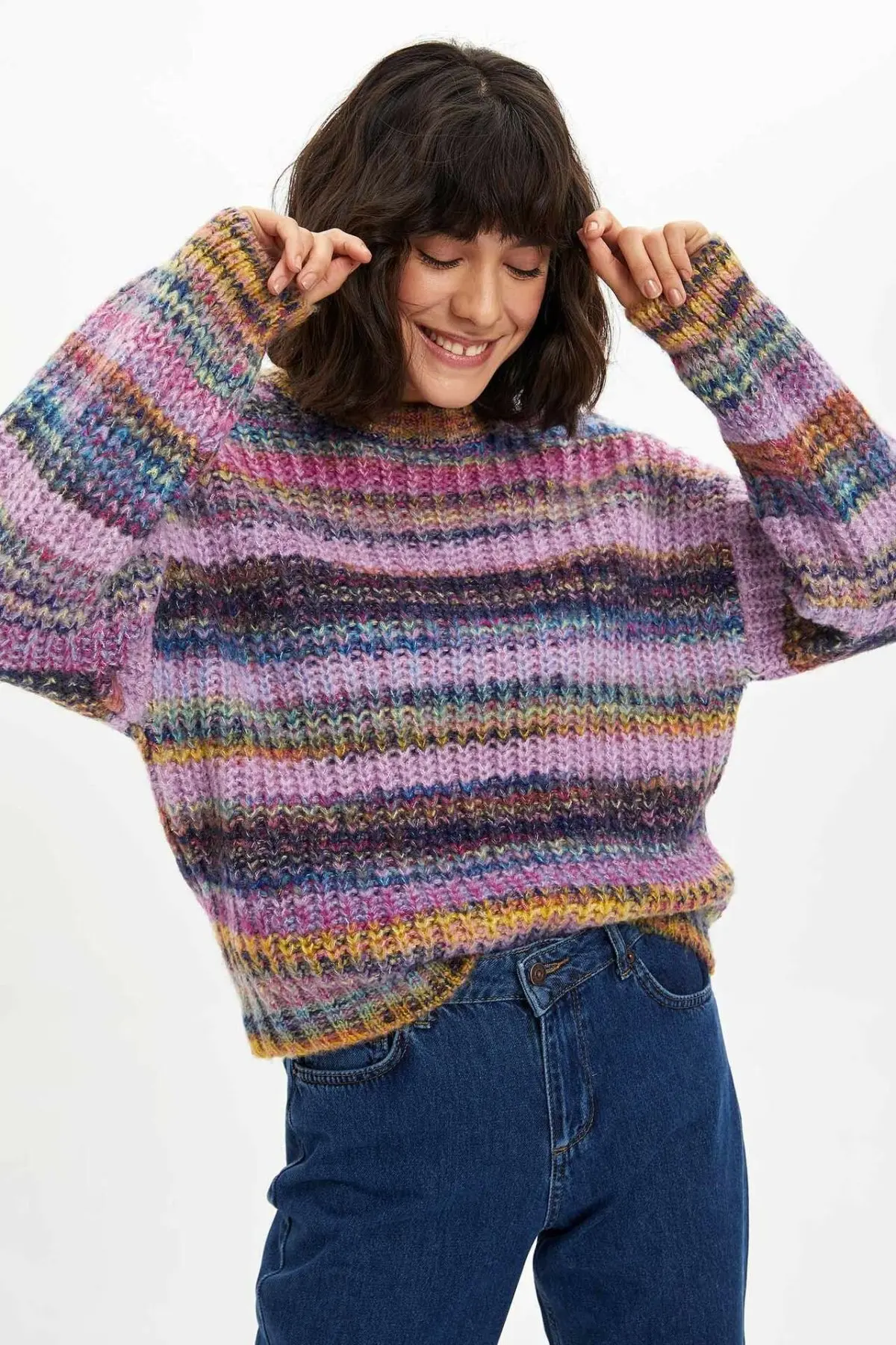 

DeFacto Fashion Woman O-neck Pullover Female Striped Long Sleeves Loose Sweatshirt Ladies Casual Pullover Spring - M2784AZ19WN