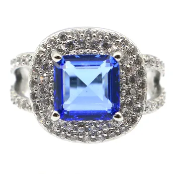 

16x16mm Beautiful Created Square Rich Blue Violet Tanzanite CZ Gift For Ladies Silver Rings