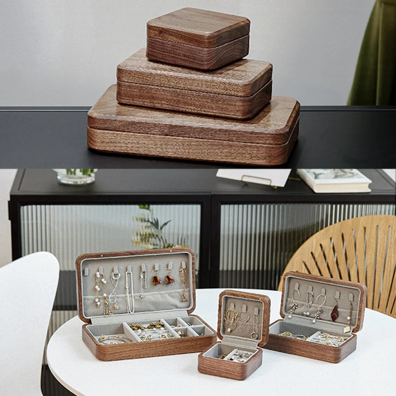 Natural Walnut Wooden Box Jewelry Organizer Portable Ring Storage Case  Smooth Velvet Necklace Display Holder Gift for Girlfriend