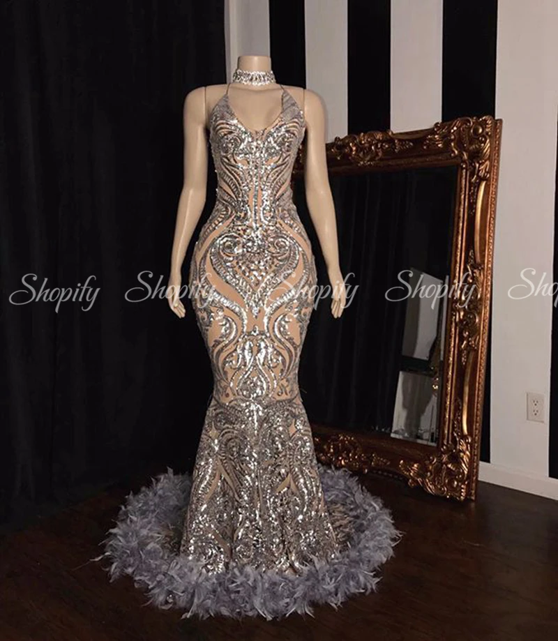 Long Mermaid Prom Dresses Elegant V-neck Burgundy Feather and Sequin African Black Girl Prom Dress