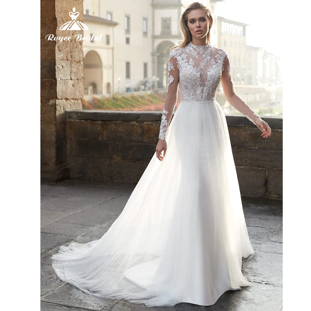 

Elegant High-neck Lace Appliques A line Wedding Dress 2022 Netting Bridal Gown Full Cap Sleeve Button Sweep Floor-Length платье