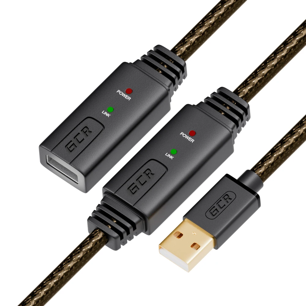 GCR Удлинитель активный 25.0m USB 2.0 AM/AF GOLD с 3 мя усилителями сигнала Premium 24/22 AWG