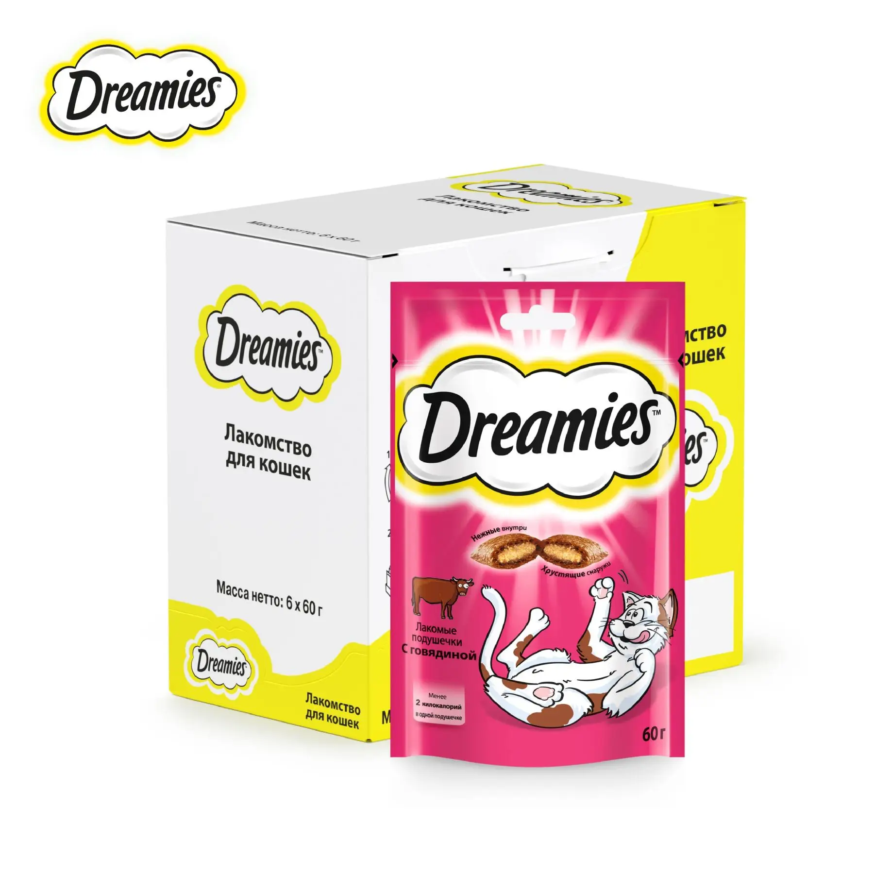 Лакомство для кошек Dreamies подушечки с говядиной, 6 шт по 60г