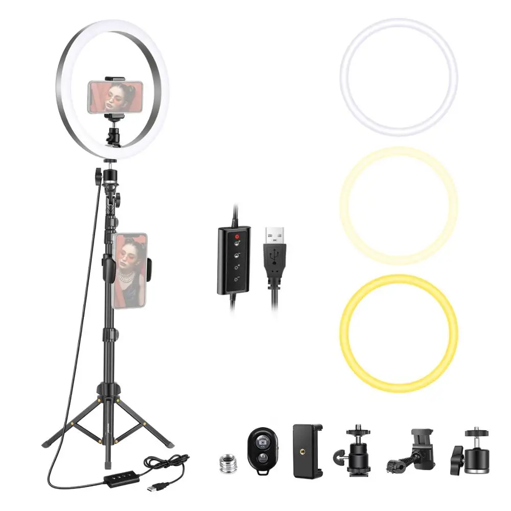 

Neewer Dimmable 10inch LED Ring Light with Tripod Stand,Cellphone Holder for Live Streaming/YouTube/Tiktok/Makeup/Video Shooting
