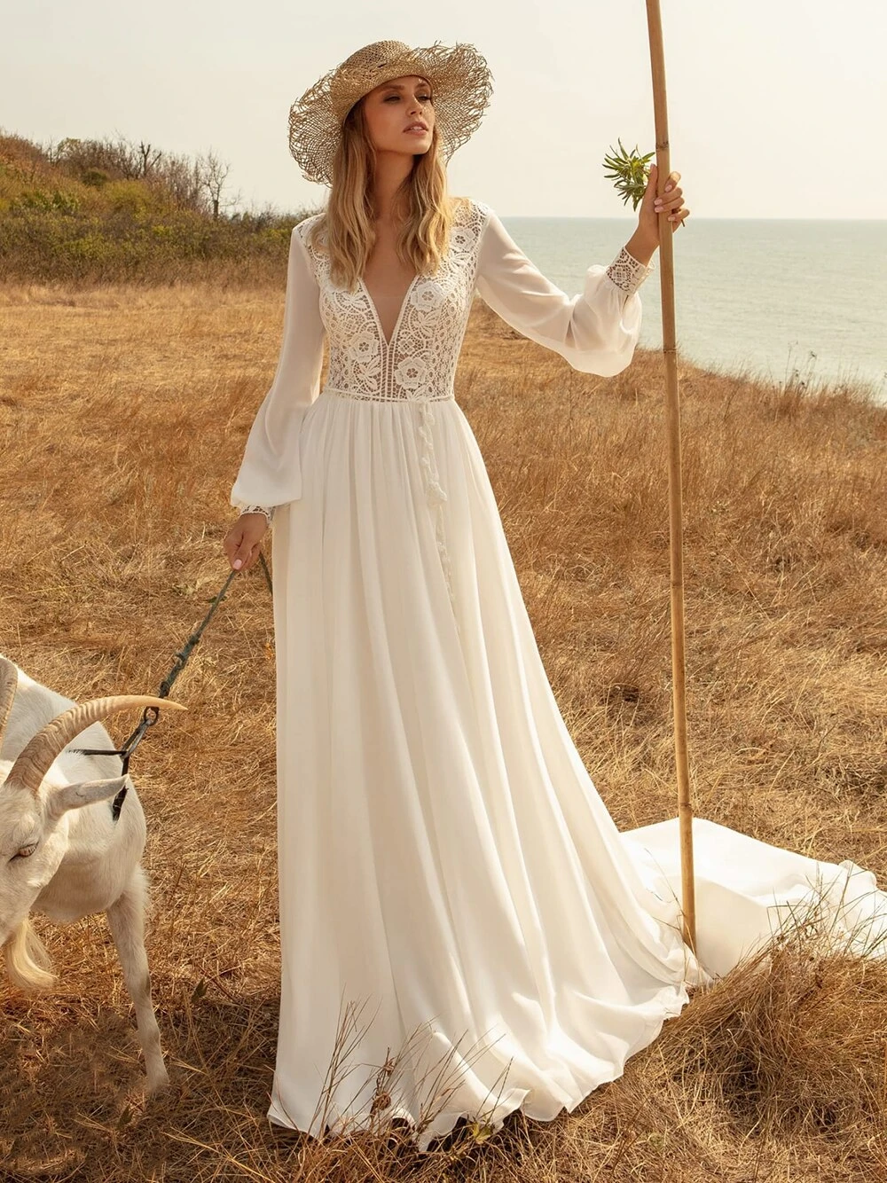 Vestido de novia estilo bohemio con manga larga y cuello en V, traje de boda para exteriores, estilo playero rústico, con encaje blanco de gasa, a medida, para fotografía, de novia| -