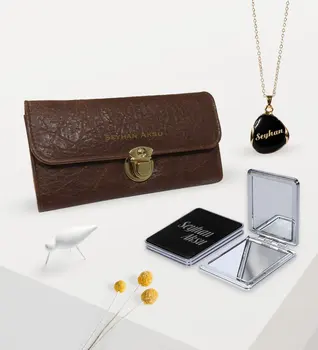 

Women Custom Is Brown Wallet Enamel Necklace and Mirror Gift Set