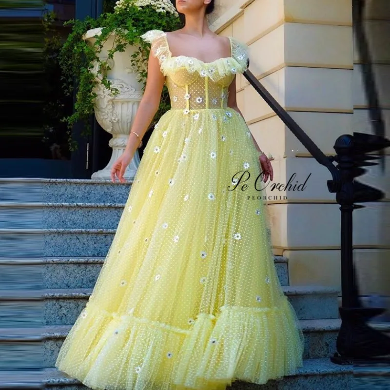 yellow floral prom dress