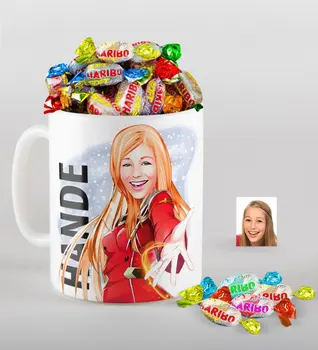 

Personalized Is Lady Caricature Of mug And Haribo Fruitbons Candy Gift Seti-34