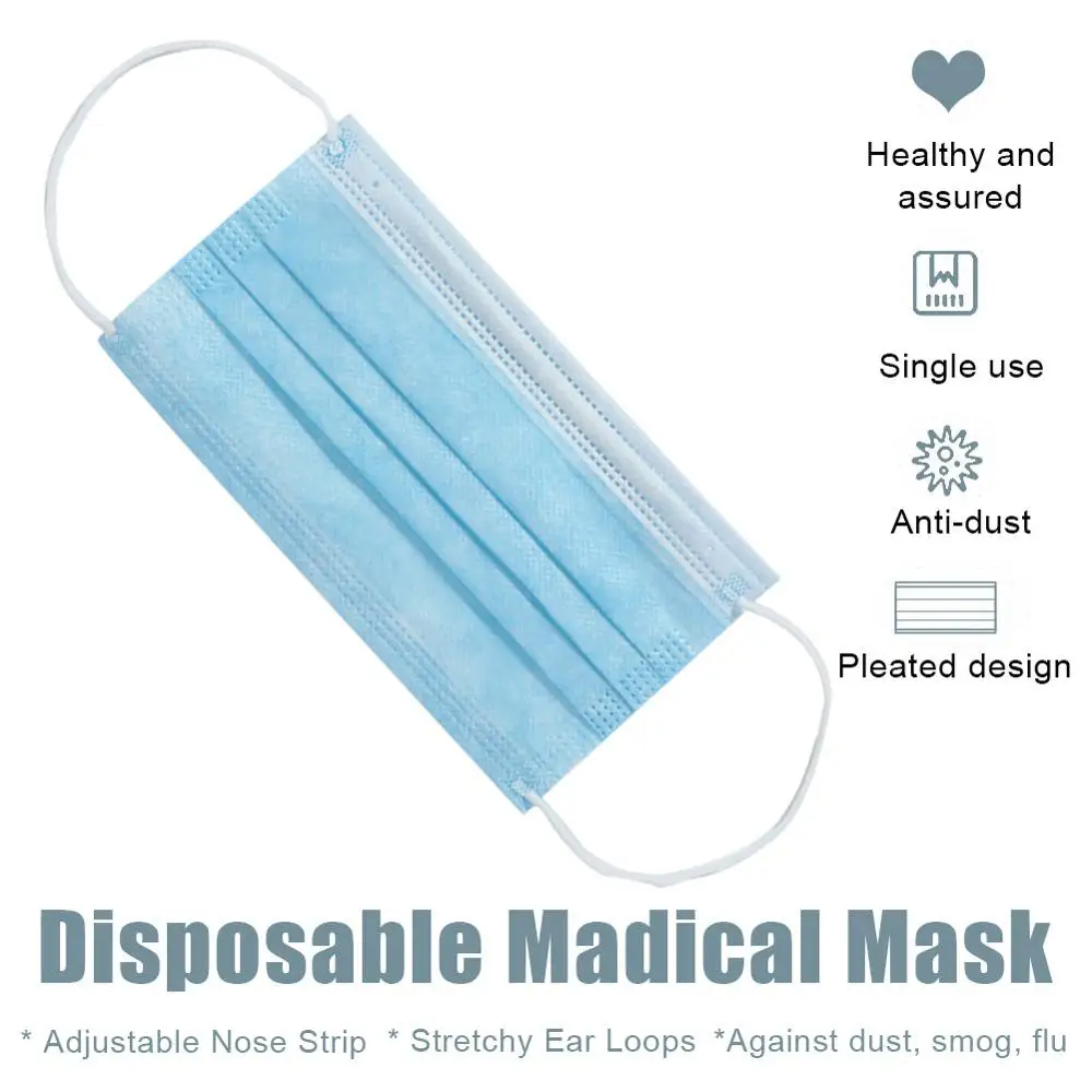 

50/100PCS Disposable Protective Mask 3 Layer Nonwove Ply Filter Mouth Face Mask Anti-Dust Anti-Fog Meltblown Earloop Mouth Mask