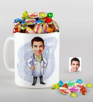 

Personalized Mr Doctor Caricature Of mug And Haribo Fruitbons Candy Gift set
