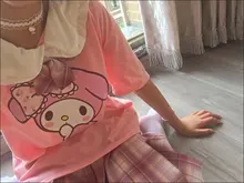 Camiseta japonesa de manga corta con estampado de dibujos animados para mujer, blusa rosa con cuello de muñeca, playera holgada suave para chica