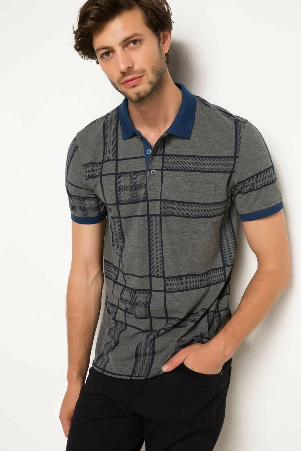 Дефакто Мужская рубашка поло с отложным воротником, мужская летняя футболка с коротким рукавом, рубашки темного цвета в клетку, Polos-H3264AZ17AU