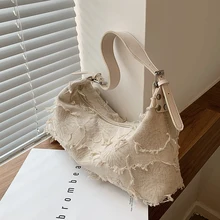 

2022 New Winter Spring Old Tassel Canvas All-Match Western-Style High-Quality Texture Women One-Shoulder Crossbody Underarm Bag