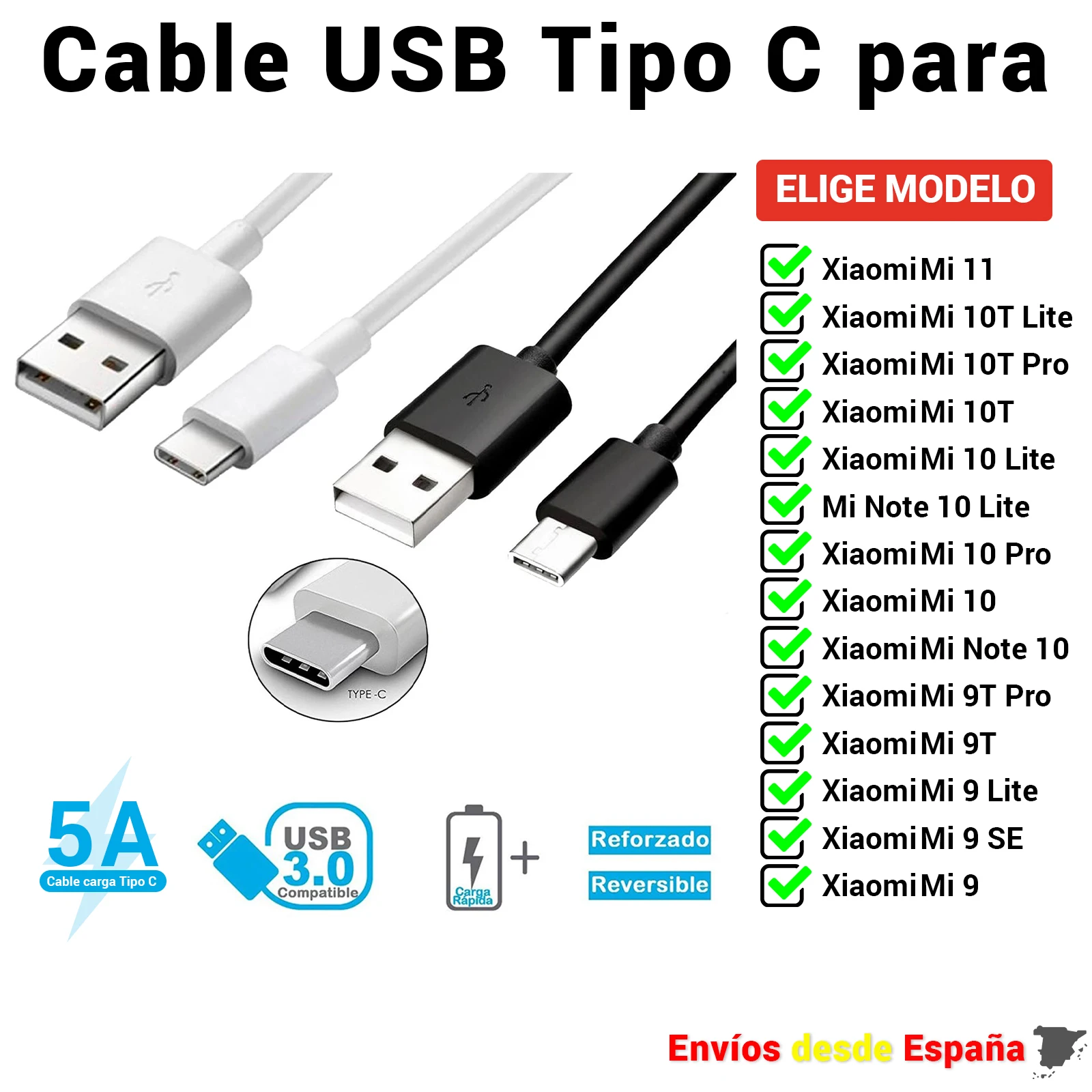 Кабель USB Type-C для Xiaomi Mi 11 10 10T 9T 9 SE Note Lite Pro. Быстрая зарядка и мобильные данные 1 метр