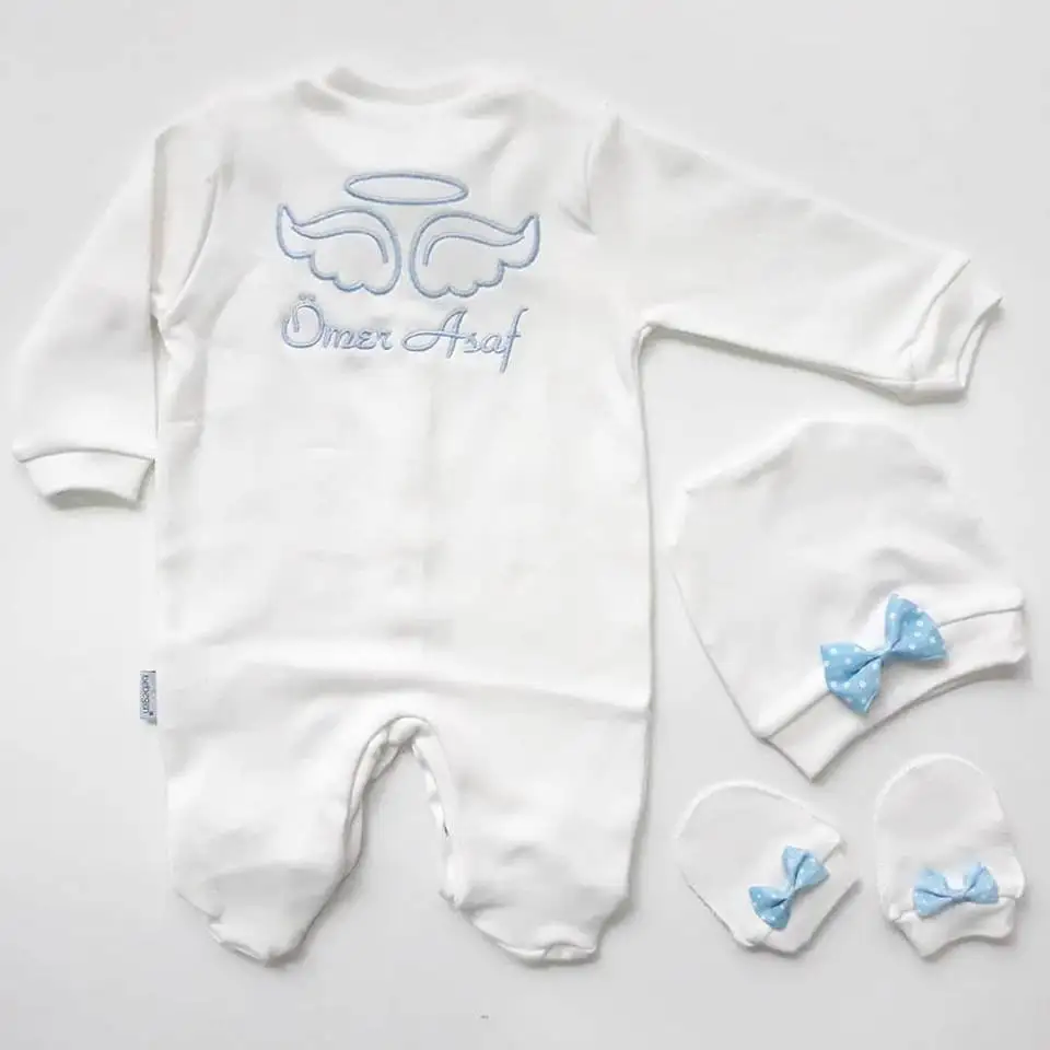 

Isme Custom Blue Embroidered Dented Gloved Baby Boy Rompers