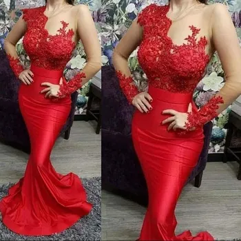 

2020 New Red Evening Dresses Sheer Long Sleeve Appliques Sexy Mermaid Illusion Top Satin Floor Length Vestidos de festa Formal