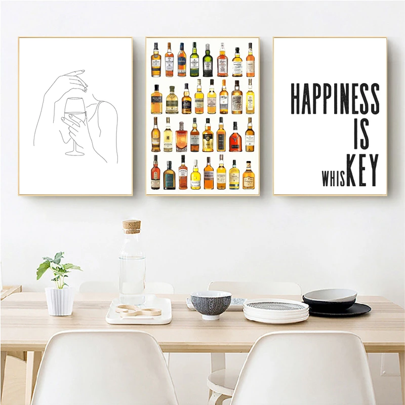Whiskey Alcohol Quote Prints Funny Bar Decor Happiness Is Whiskey Drink  Sign Poster Canvas Painting Black White Kitchen Wall Art - Painting &  Calligraphy - AliExpress
