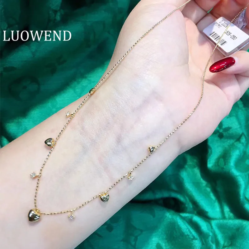 LUOWEND 100% Real 18K Yellow Gold Necklace Natural Diamond Chain Heart Shape Necklace for Women Birthday Gift 2 large natural kraft heart shape stickers 500 total adhesive labels