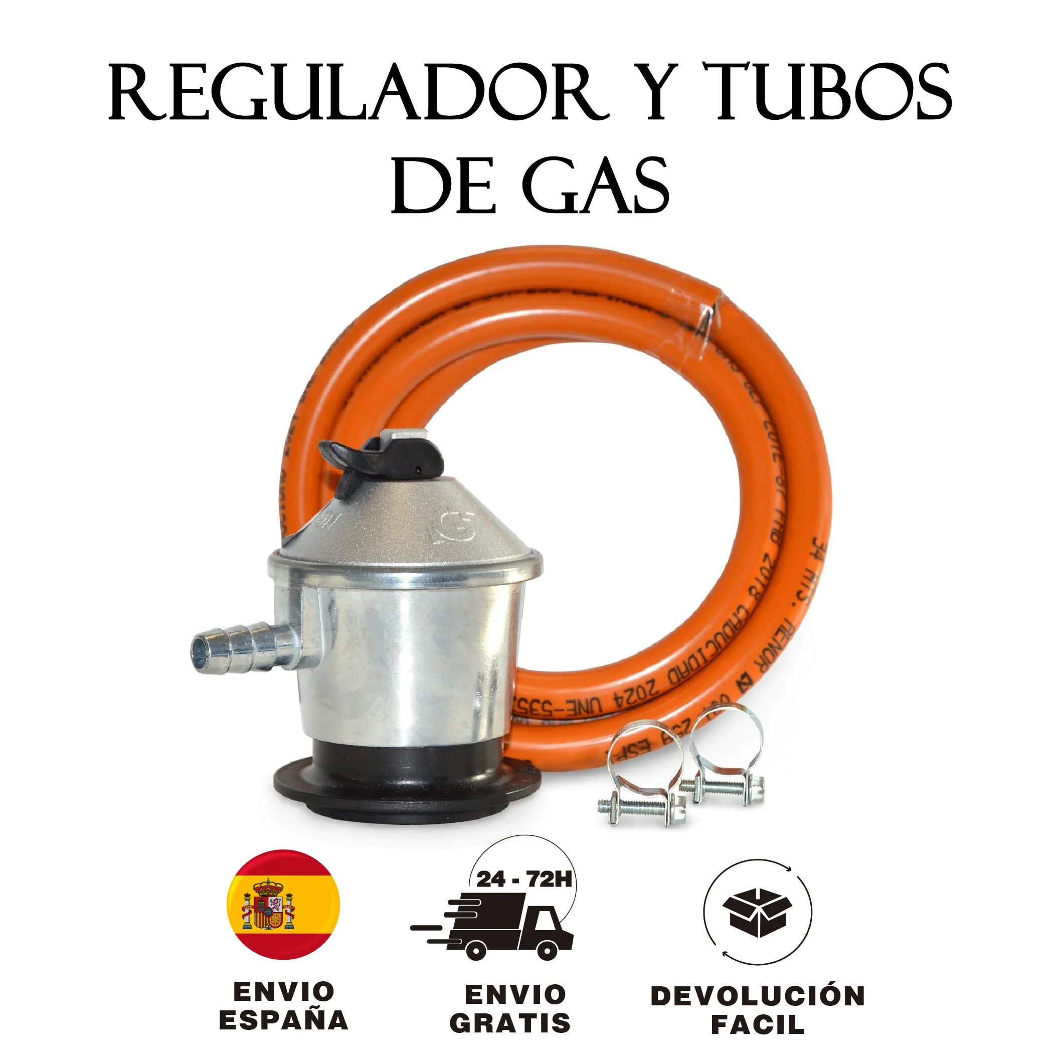 Kit regulador con manguera para gas butano de 1.2 o 1,5M y 2