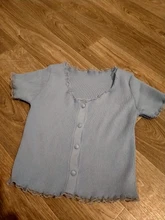 T-Shirt Women Tops Button-Crop-Top Short-Sleeve O-Neck Basic Blue Ruffles Casual Summer