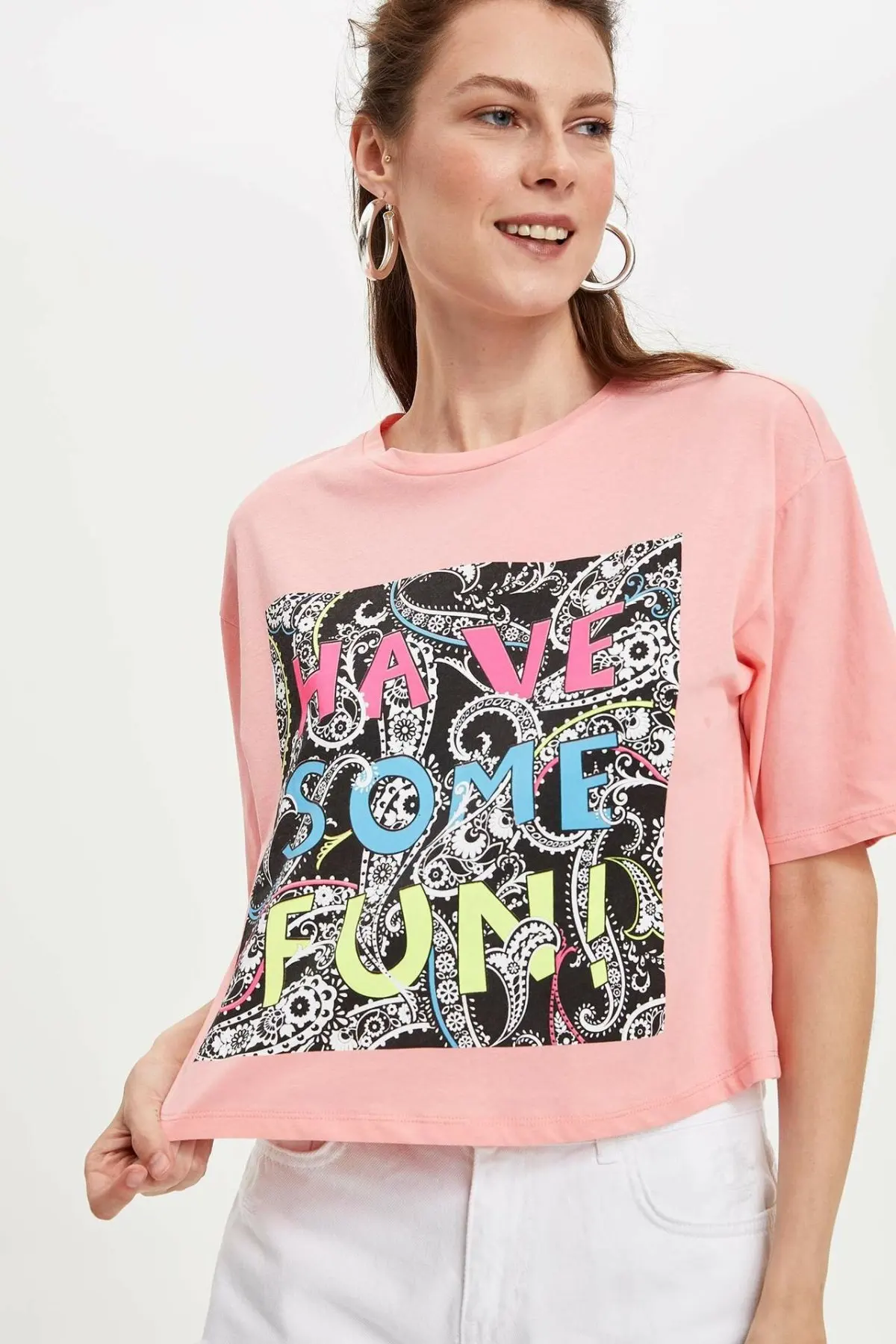 

DeFacto Summer Woman Fashion Short Sleeve Ladies Casual Letter Print T-Shirt Female High Quality Loose Tops New - L4796AZ19SM