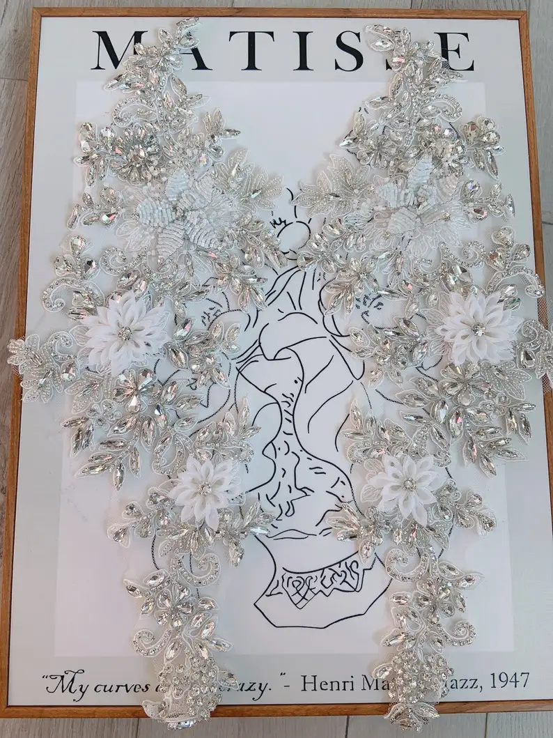 

Rhinestone Applique With Handcrafted Flowers For Bridal Dress, Crystal Florals Bodice For Dance Costume For Wedding Dress,