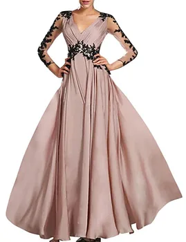 

A-Line V Neck Floor Length Satin Backless Formal Evening Dress with Appliques/Pleats