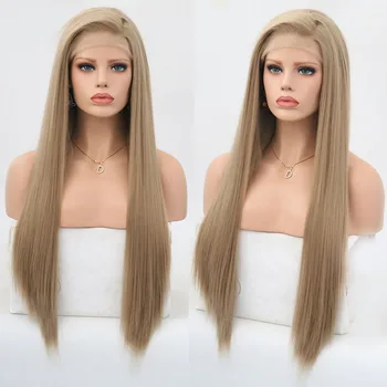 Rongduoyi Long Silky Straight Hair Synthetic Lace Front Wig Ash Blonde Side Part Cosplay Wig Glueless Front Lace Wigs for Women 1