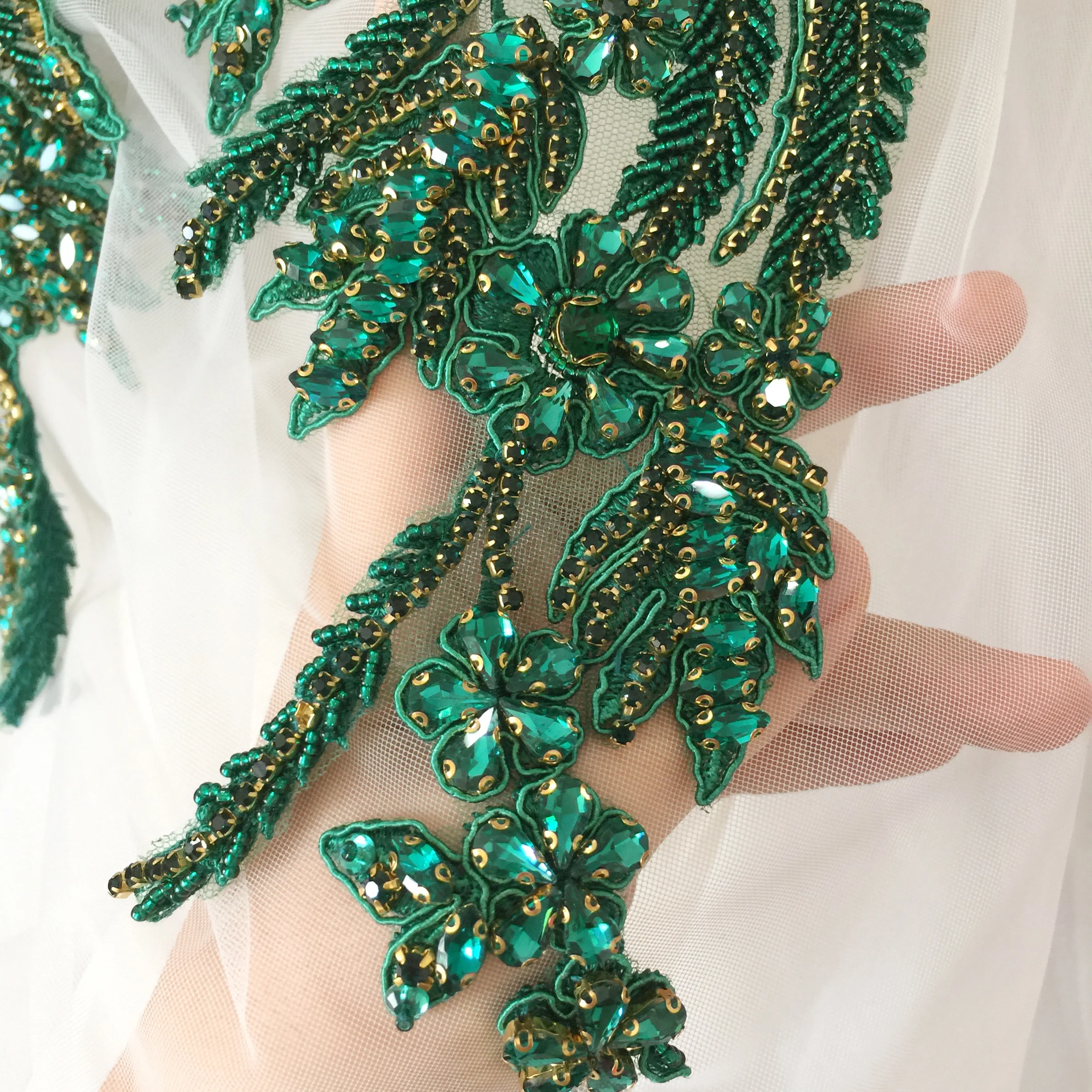 Emerald Green Rhinestone Beaded Lace Applique Pair Wedding