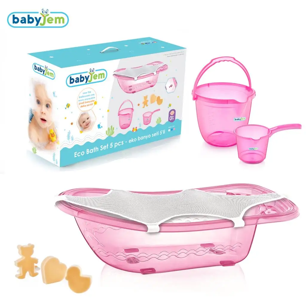 

Babyjem 5 PCS Baby Bath Set For Newborn , Bath Tub with Drain , Water Bucket, bath Net , Tankard , Pink