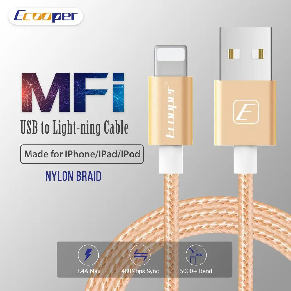 

Ecooper MFi Certified USB to Light-ning Filamentous Braided Cable 2.4A for iPhone X XS XR XS MAX for iPad for iPod Super Fast