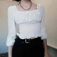 Short Blouses Womens Tops Long-Sleeve Vintage Square-Collar Casual Simple New Bow Solid