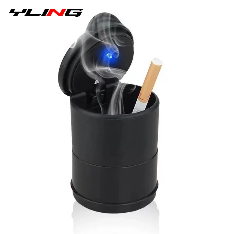 Auto Car Ashtray Portable with Blue LED Light Ashtray Smokeless Smoking  Stand Cylinder Cup Holder (Silver-Black)