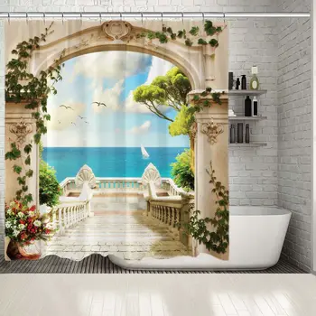 

Shower Curtain Cloudy Sky Seagulls Flying over Ocean View from Ancient Arched Handle Entrance Stairs with Beige Green Blue