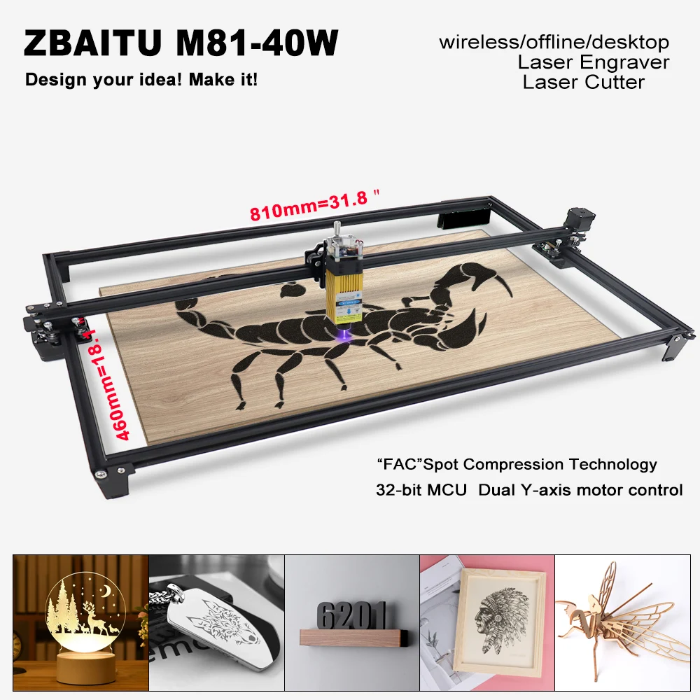 portable woodworking bench ZBAITU FF80 Laser Engraving Cutting Machine 81*46cm Large Area 32-Bit Engraver with Air Assisted Laser Head Cutting Pine woods multi boring machine for wood Woodworking Machinery